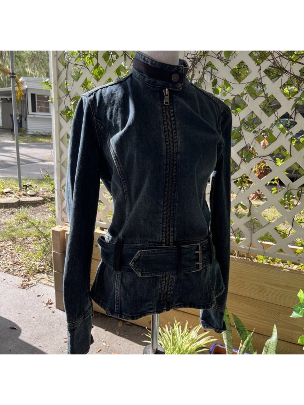 Armani Exchange Womens Y2K Denim Moto Jacket Belted Peplum Dark Wash Sz L